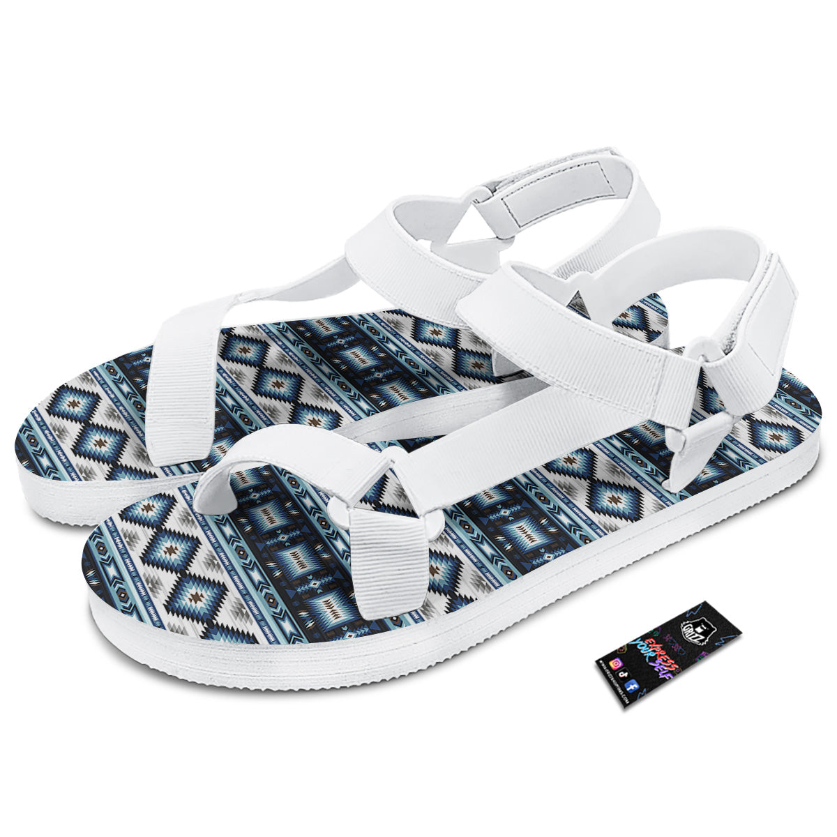 Western Navajo Blue Native Print White Open Toe Sandals-grizzshop