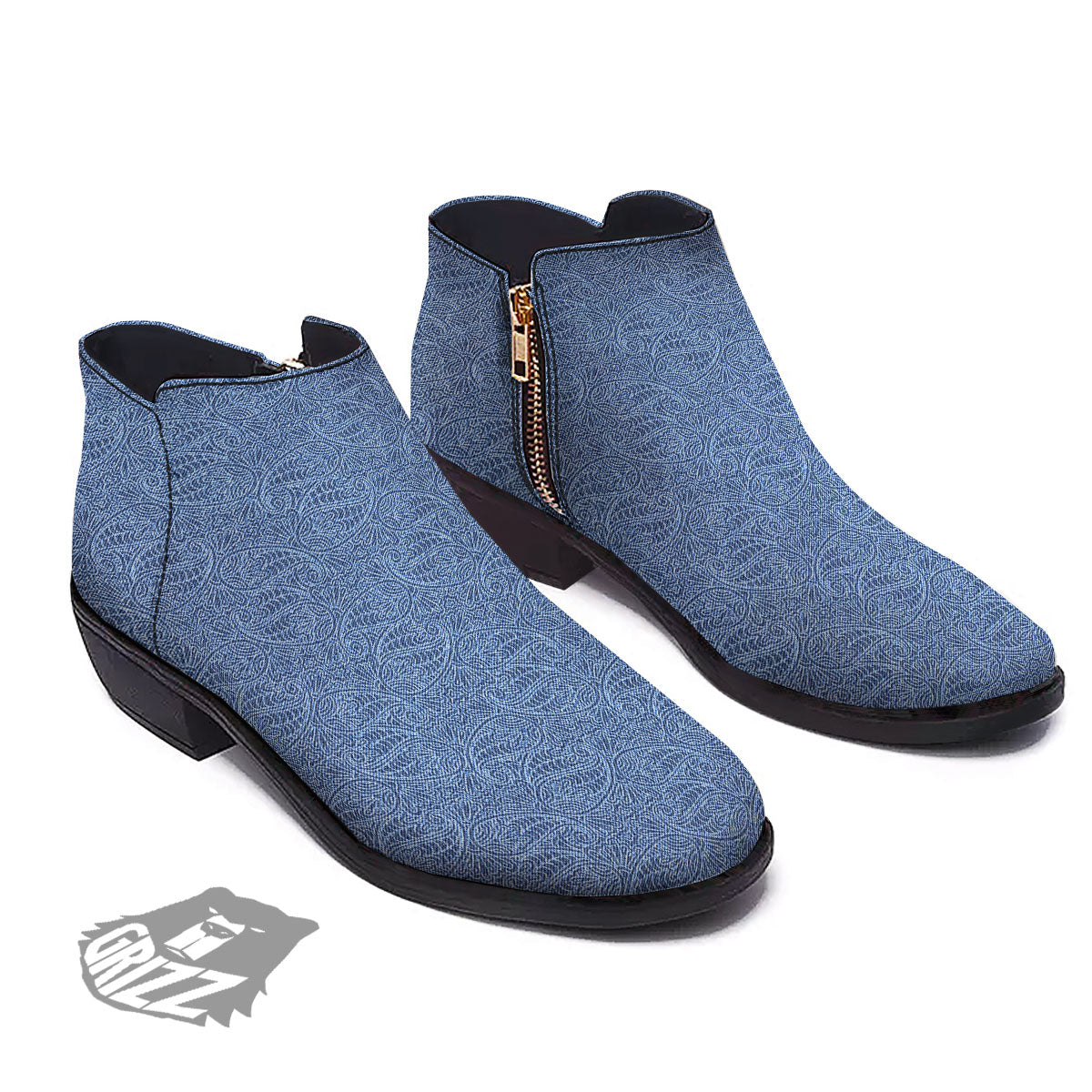 Western Paisley Blue Denim Print Ankle Boots-grizzshop
