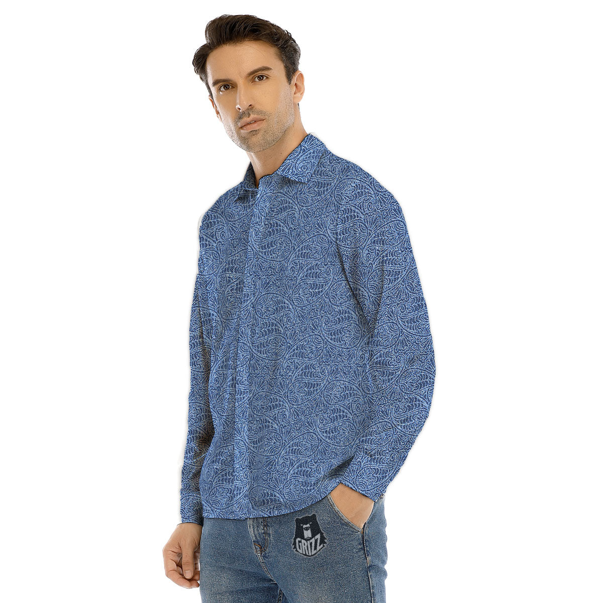 Western Paisley Blue Denim Print Men's Dress Shirts-grizzshop