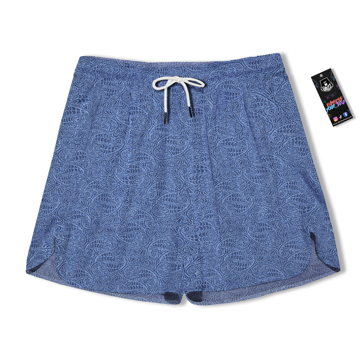 Western Paisley Blue Denim Print Men's Running Shorts-grizzshop