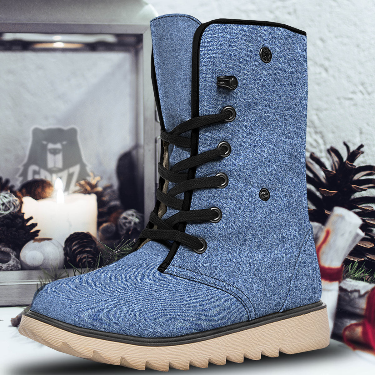 Western Paisley Blue Denim Print Snow Boots-grizzshop