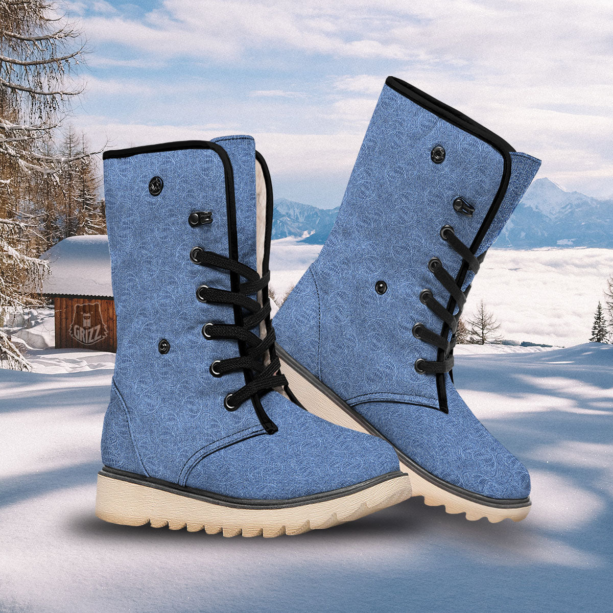 Western Paisley Blue Denim Print Snow Boots-grizzshop