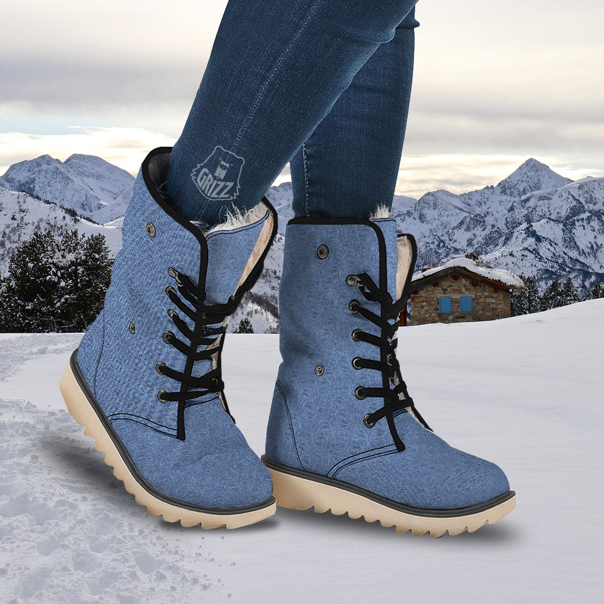 Western Paisley Blue Denim Print Snow Boots-grizzshop