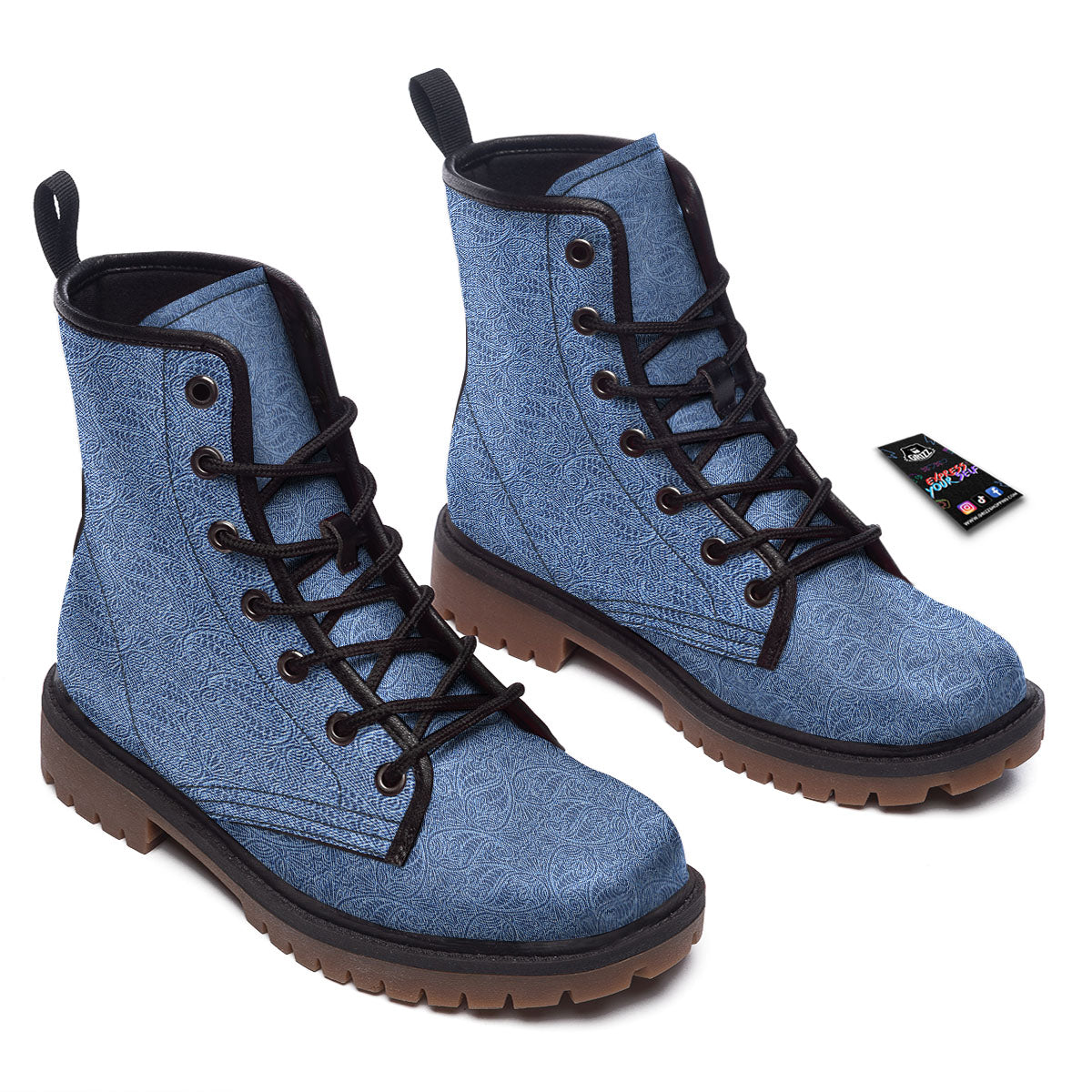Western Paisley Blue Denim Print Work Boots-grizzshop