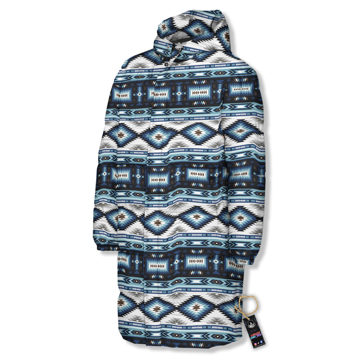 Western Navajo Blue Native Print Long Down Jacket