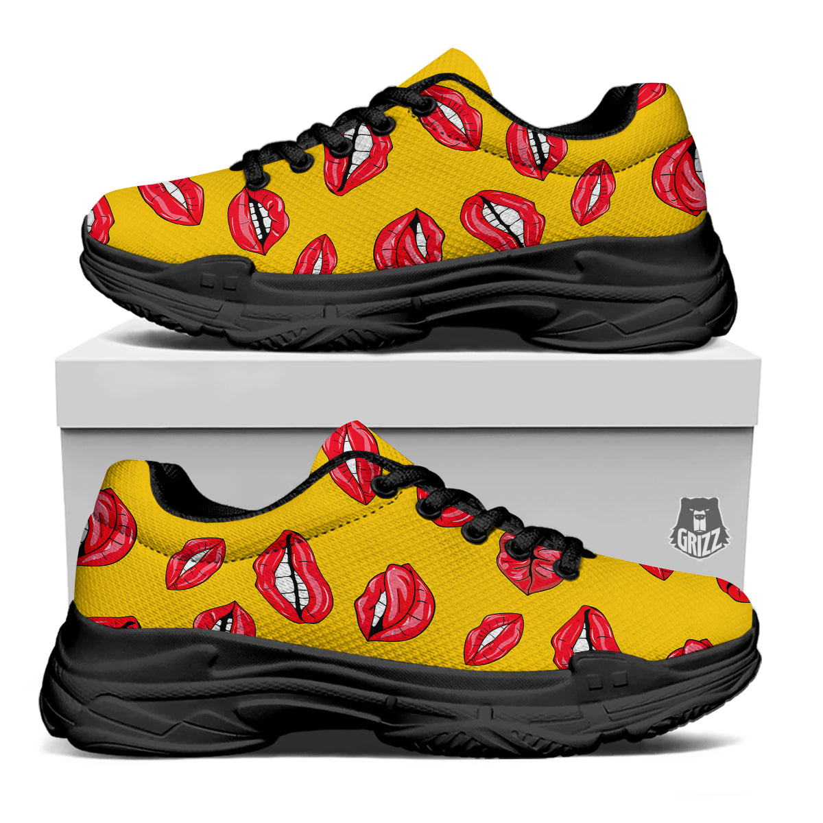 Wet Lips Print Pattern Black Chunky Shoes-grizzshop