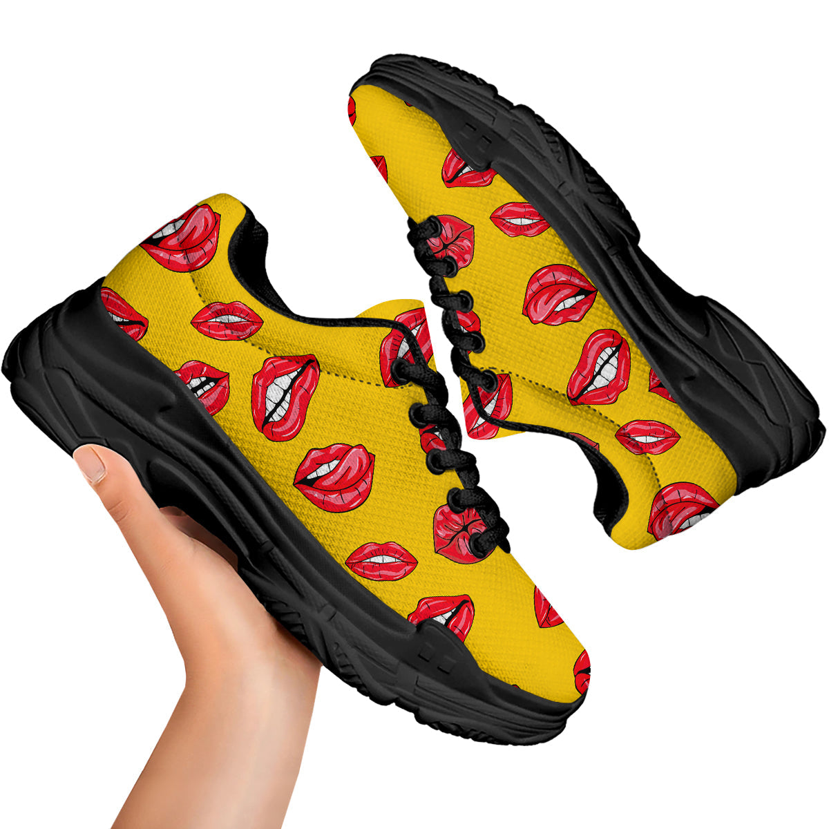 Wet Lips Print Pattern Black Chunky Shoes-grizzshop