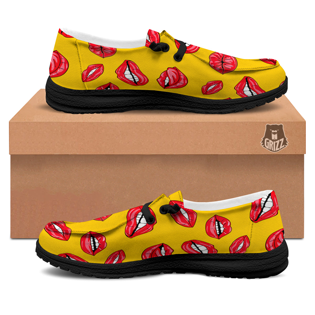 Wet Lips Print Pattern Black Loafers-grizzshop