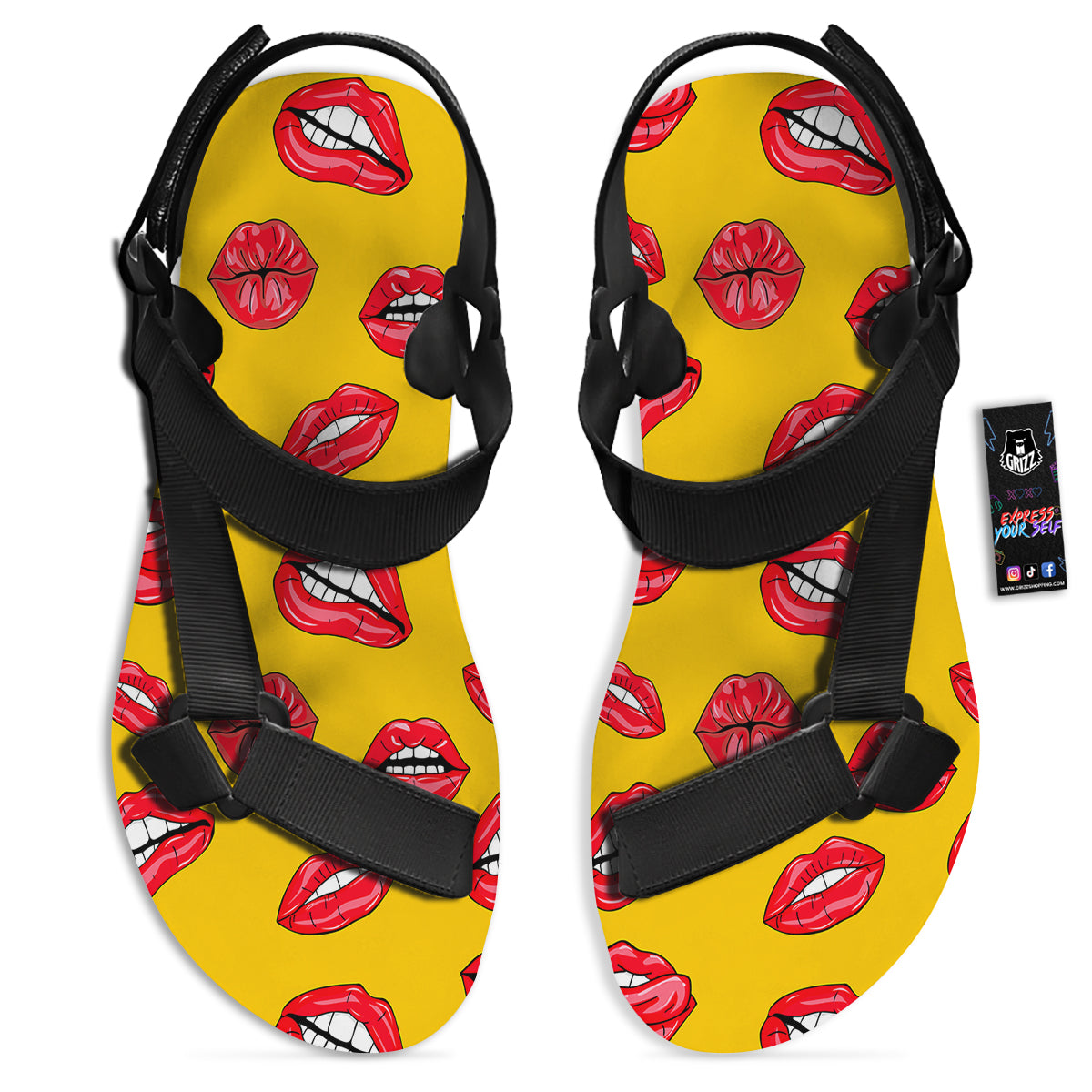 Wet Lips Print Pattern Black Open Toe Sandals-grizzshop