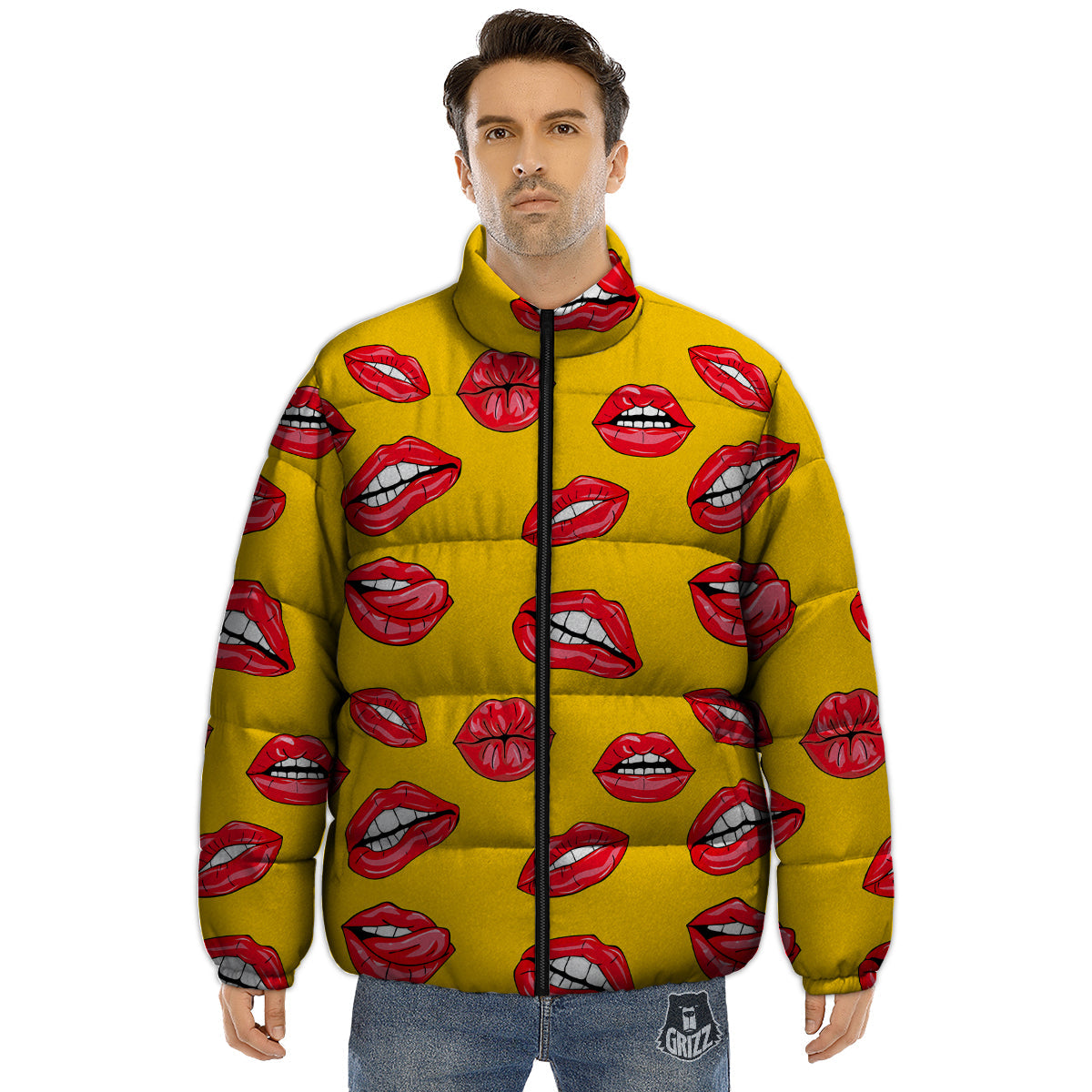 Wet Lips Print Pattern Puffer Jacket-grizzshop
