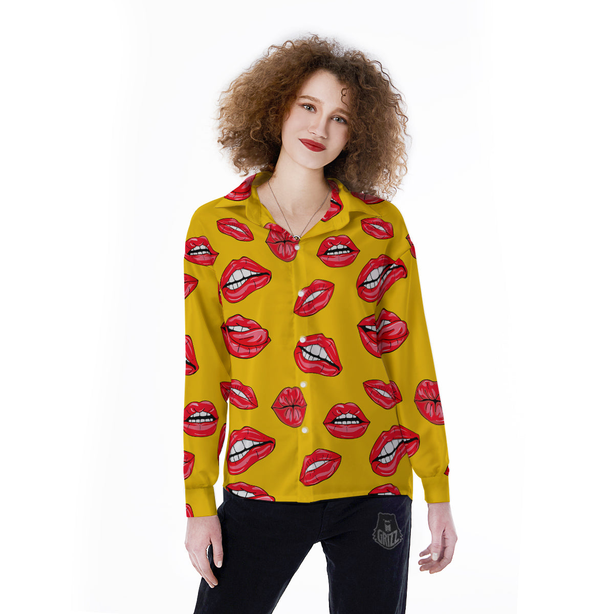 Wet Lips Print Pattern Women's Long Sleeve Shirts-grizzshop