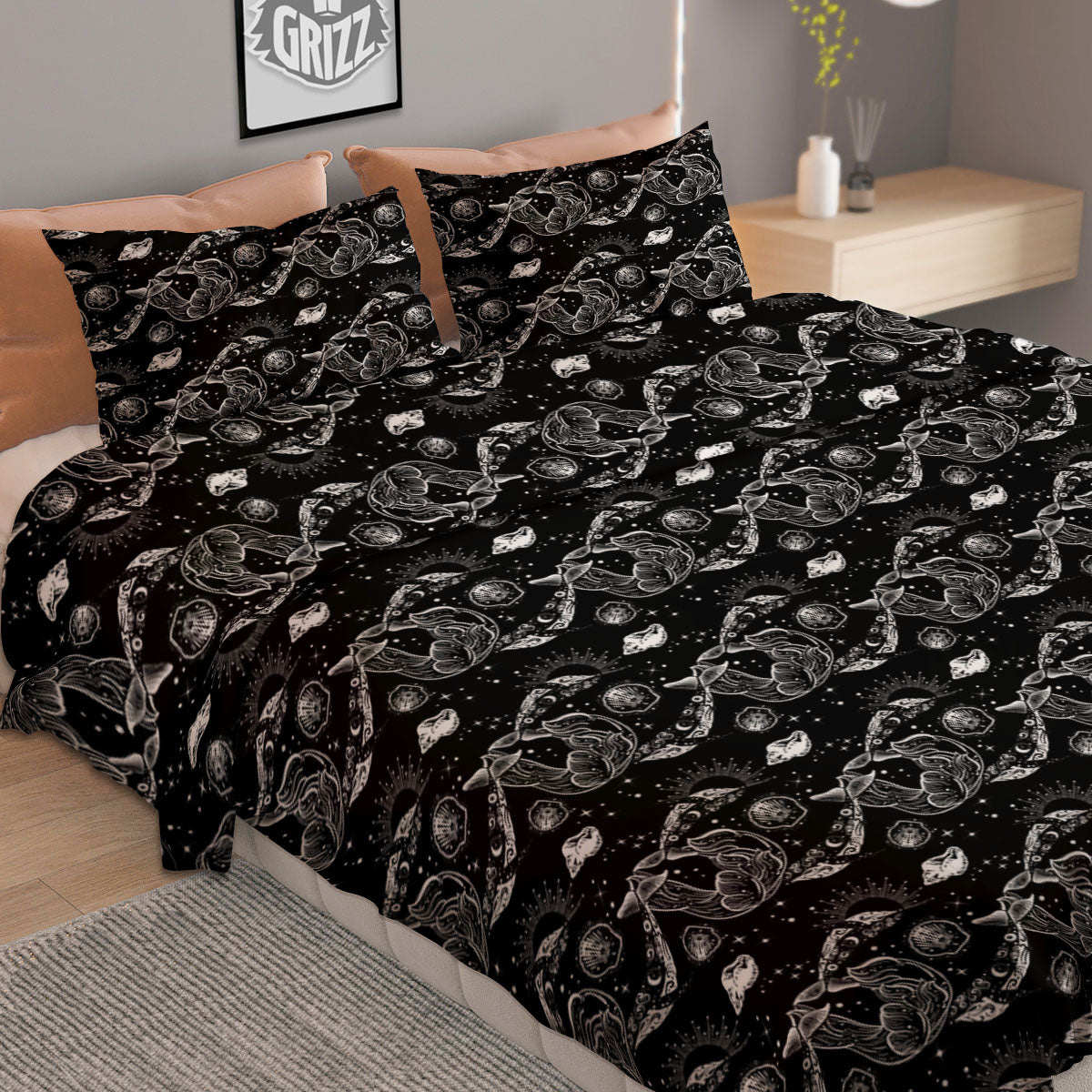 Whales and Dolphin Boho Print Pattern Duvet Cover Bedding Set