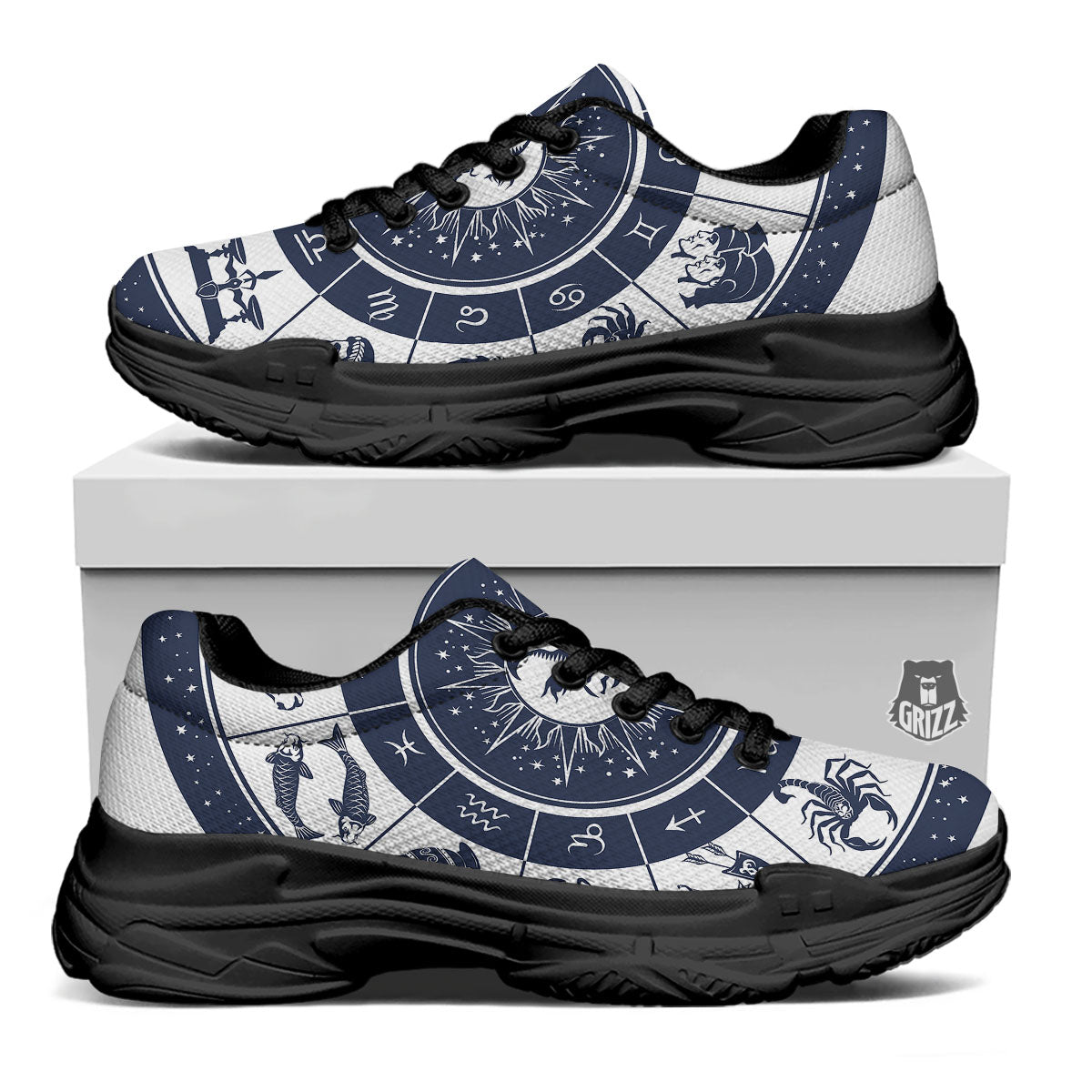 Wheel Zodiac Signs Print Black Chunky Shoes-grizzshop