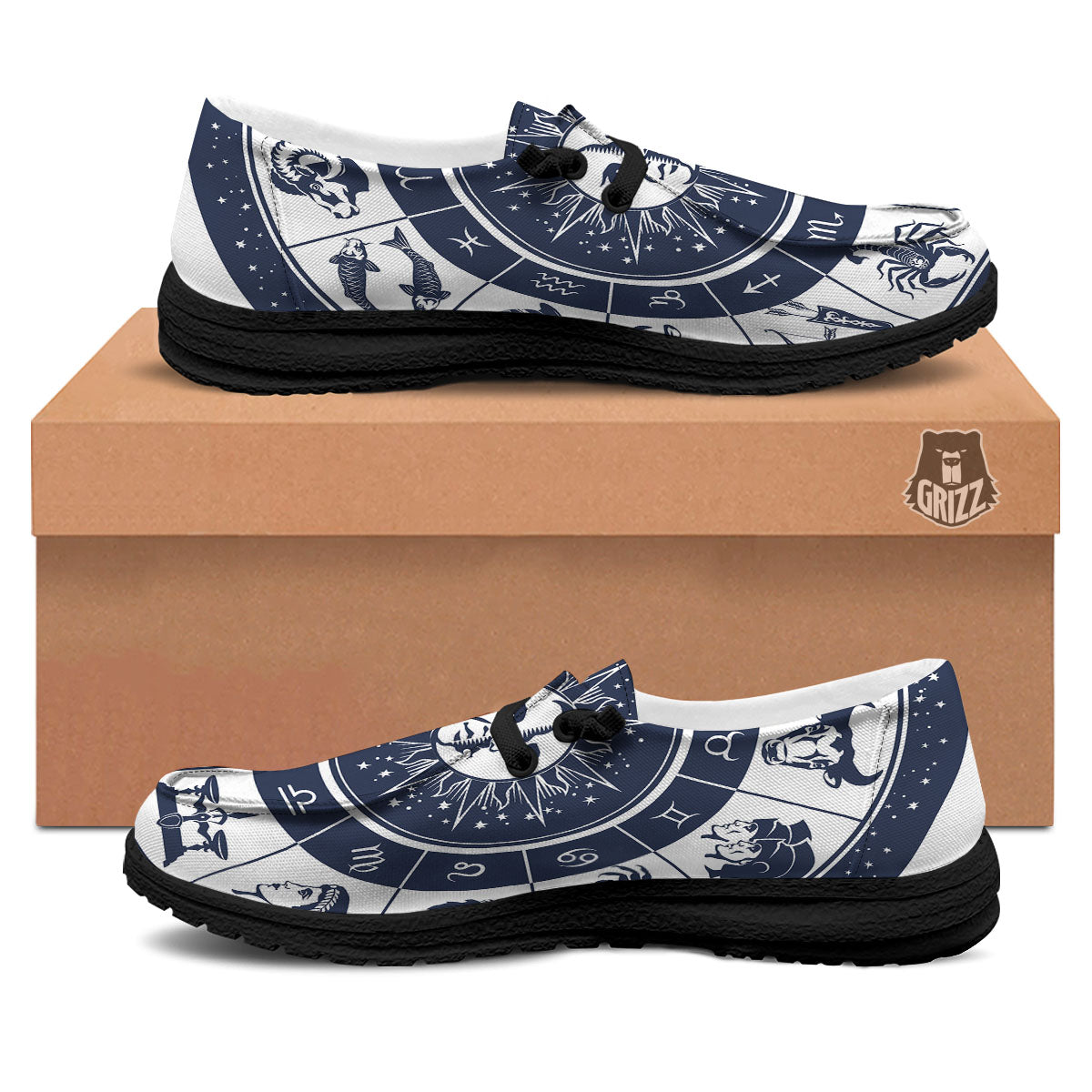 Wheel Zodiac Signs Print Black Loafers-grizzshop