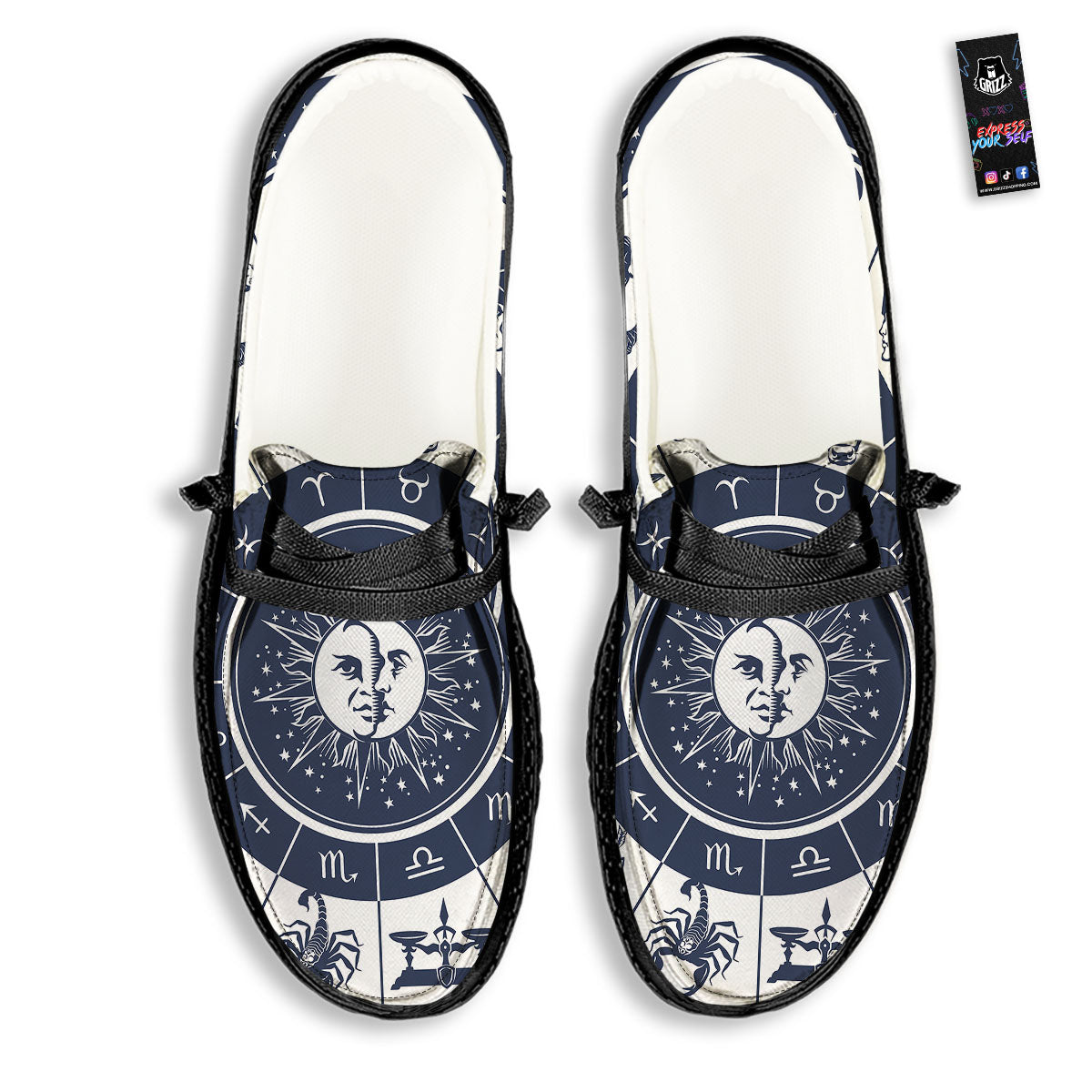 Wheel Zodiac Signs Print Black Loafers-grizzshop