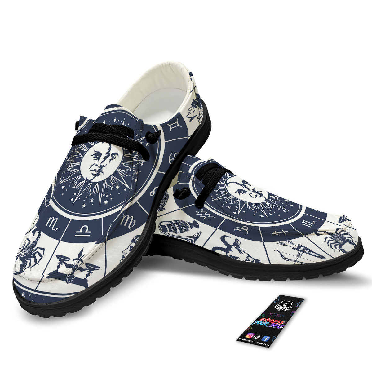 Wheel Zodiac Signs Print Black Loafers-grizzshop
