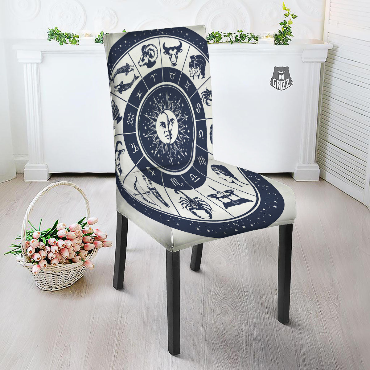 Wheel Zodiac Signs Print Dining Chair Slipcover-grizzshop