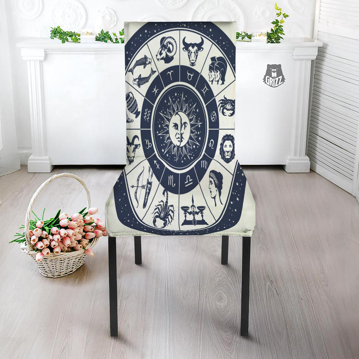 Wheel Zodiac Signs Print Dining Chair Slipcover-grizzshop
