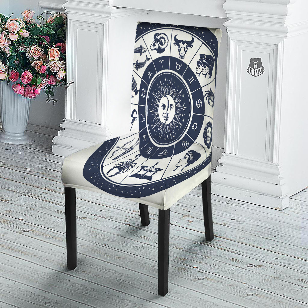 Wheel Zodiac Signs Print Dining Chair Slipcover-grizzshop