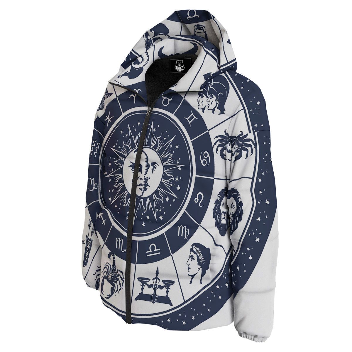 Wheel Zodiac Signs Print Down Jacket-grizzshop