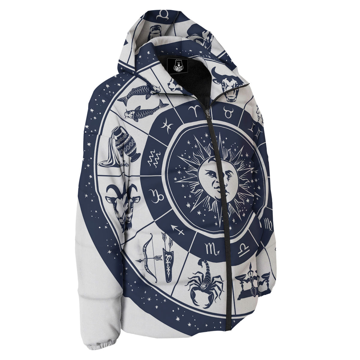 Wheel Zodiac Signs Print Down Jacket-grizzshop
