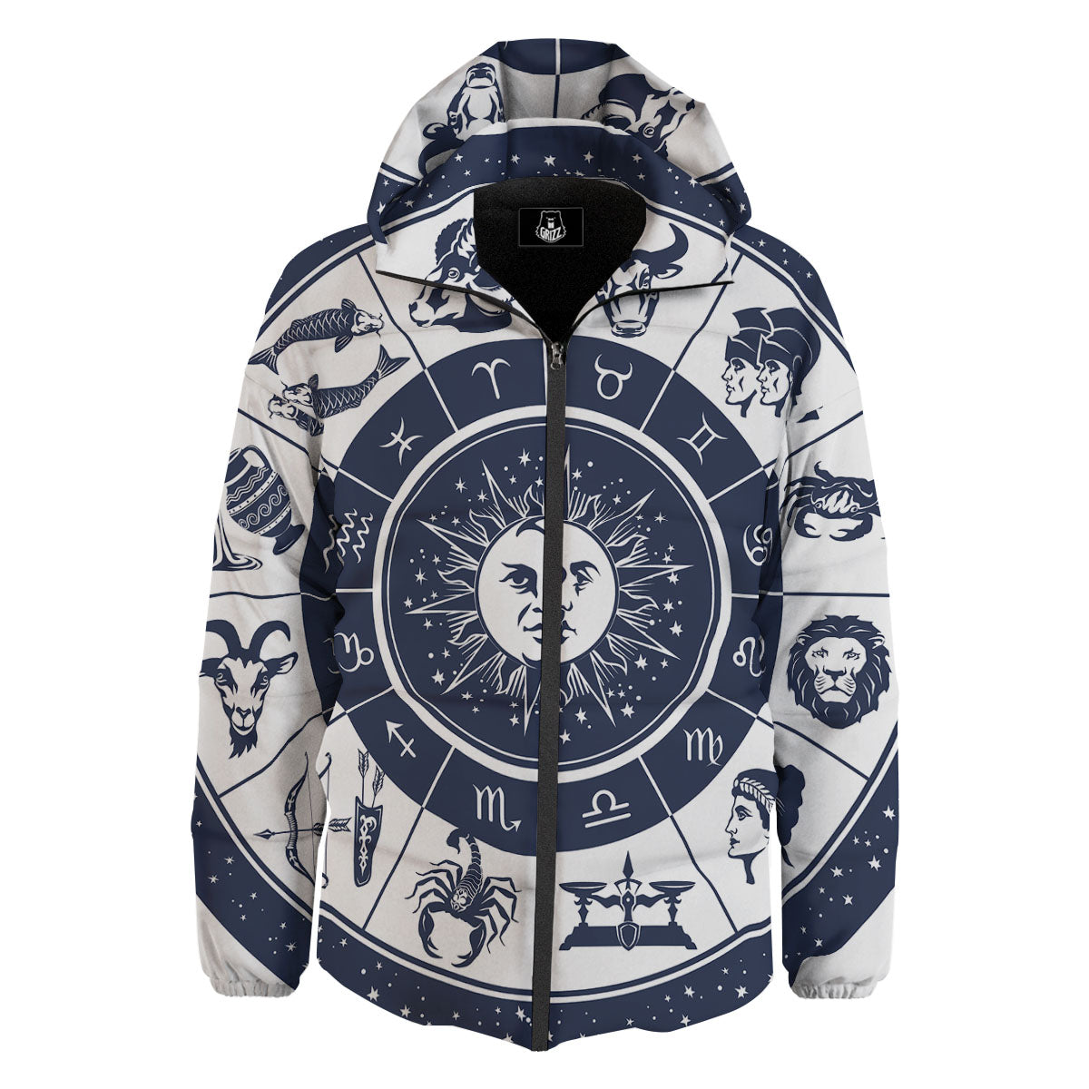 Wheel Zodiac Signs Print Down Jacket-grizzshop