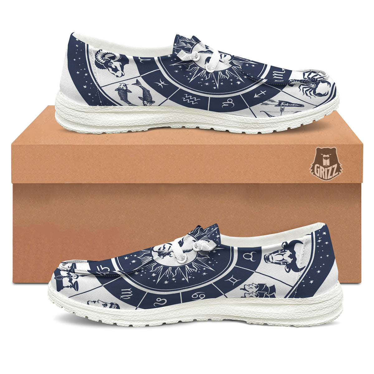 Wheel Zodiac Signs Print White Loafers-grizzshop