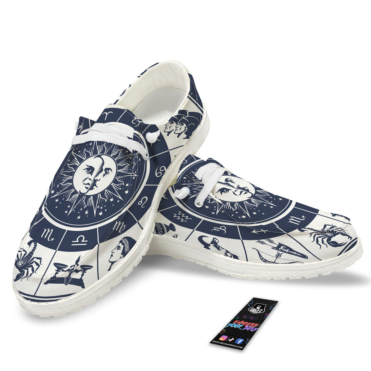 Wheel Zodiac Signs Print White Loafers-grizzshop