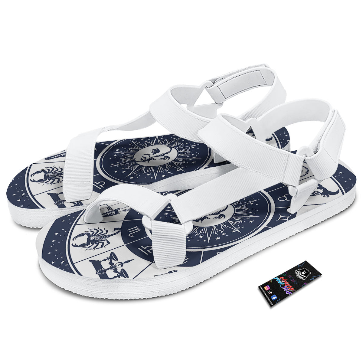 Wheel Zodiac Signs Print White Open Toe Sandals-grizzshop