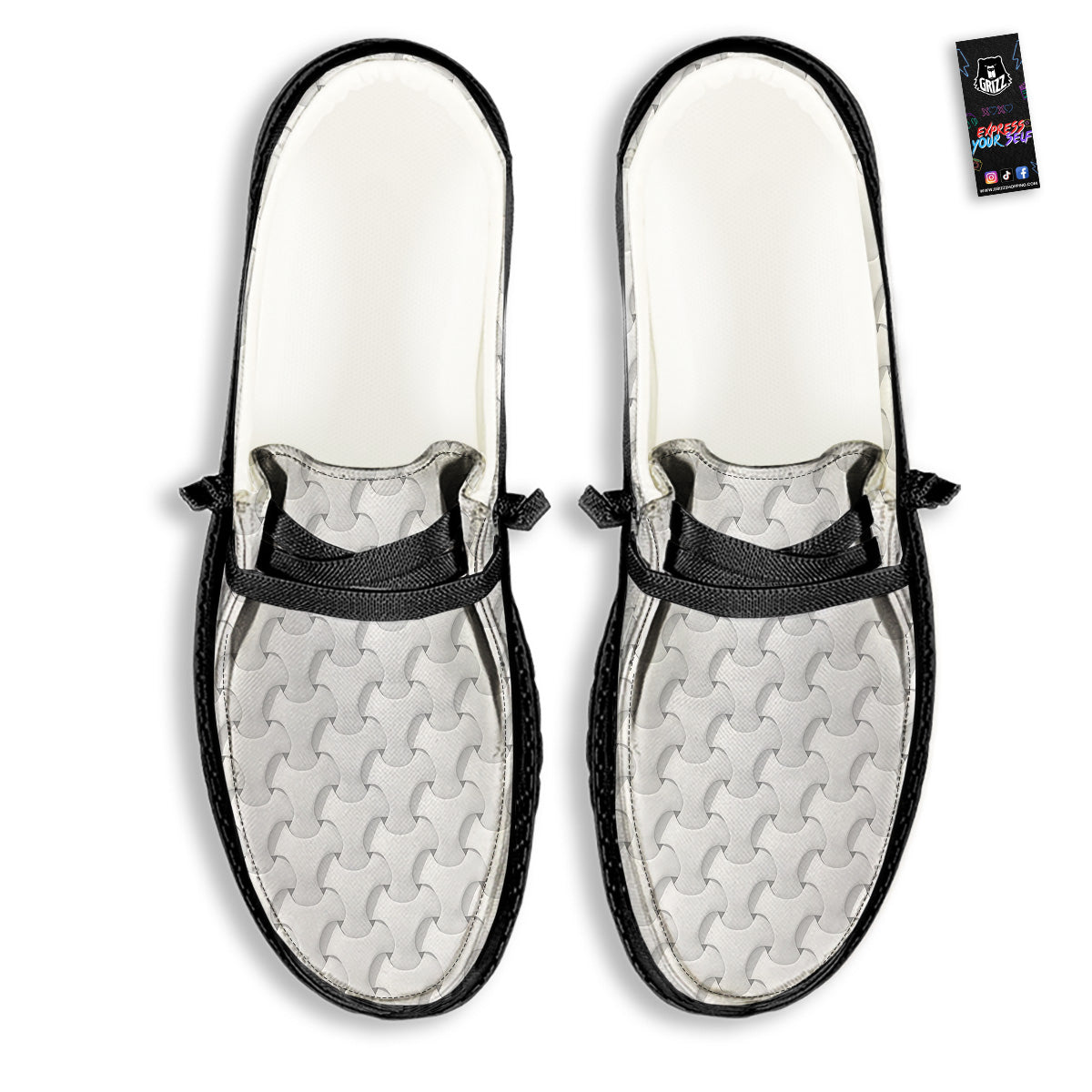White Abstract 3D Geometric Print Pattern Black Loafers-grizzshop