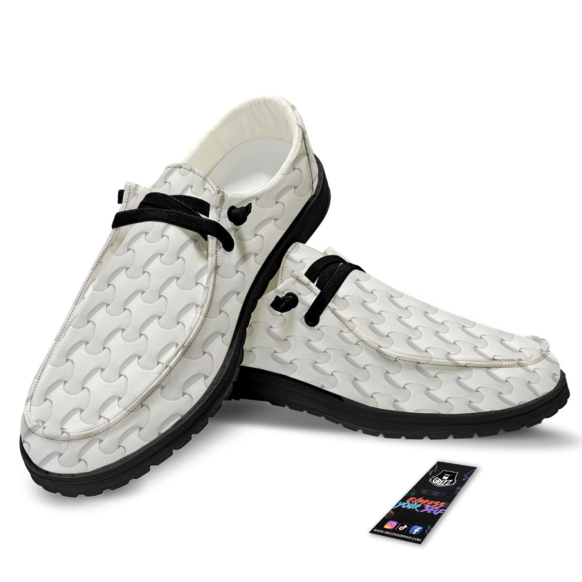 White Abstract 3D Geometric Print Pattern Black Loafers-grizzshop