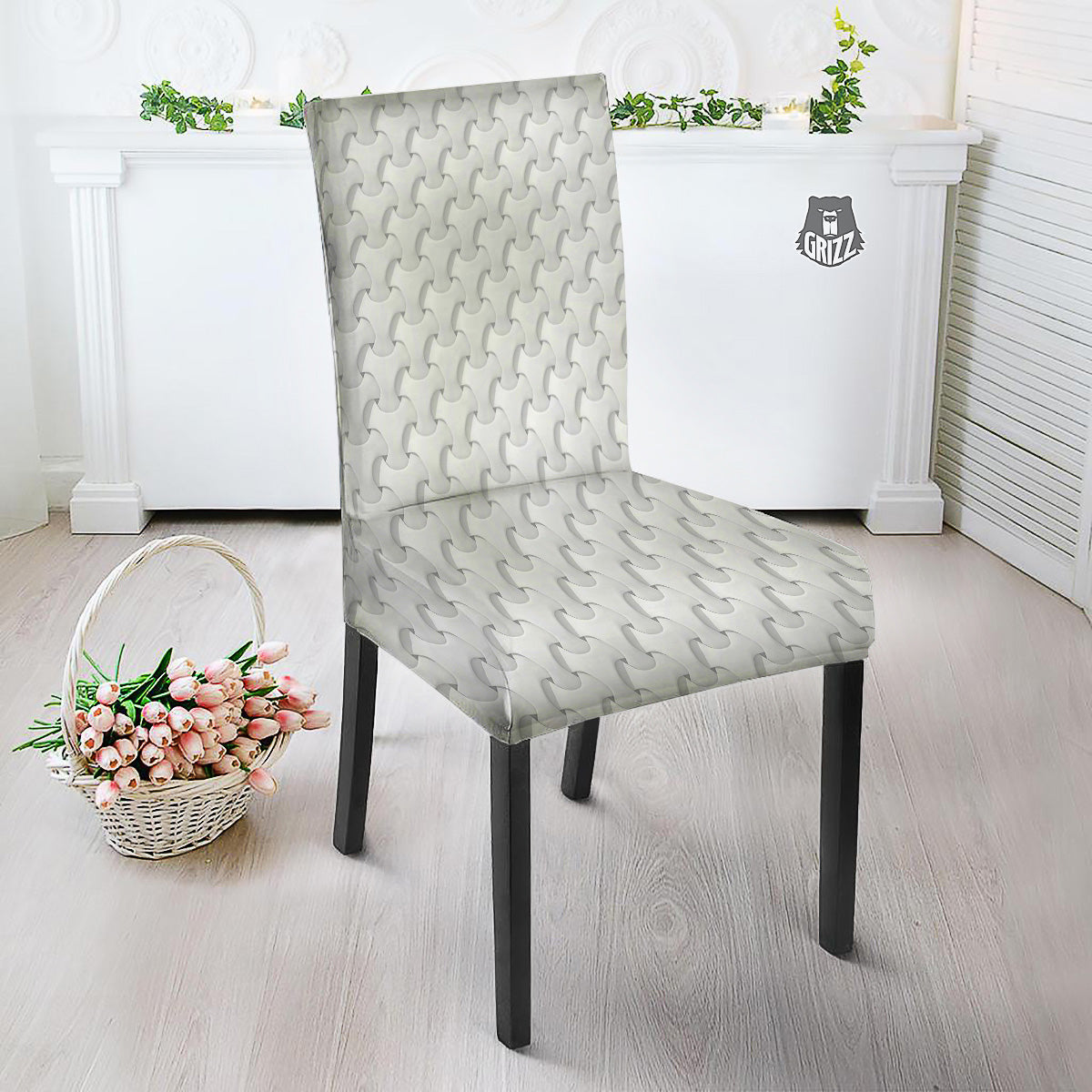 White Abstract 3D Geometric Print Pattern Dining Chair Slipcover-grizzshop