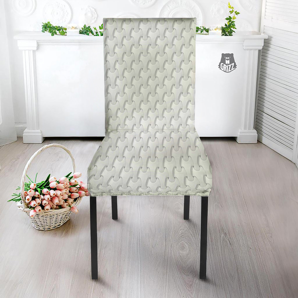 White Abstract 3D Geometric Print Pattern Dining Chair Slipcover-grizzshop