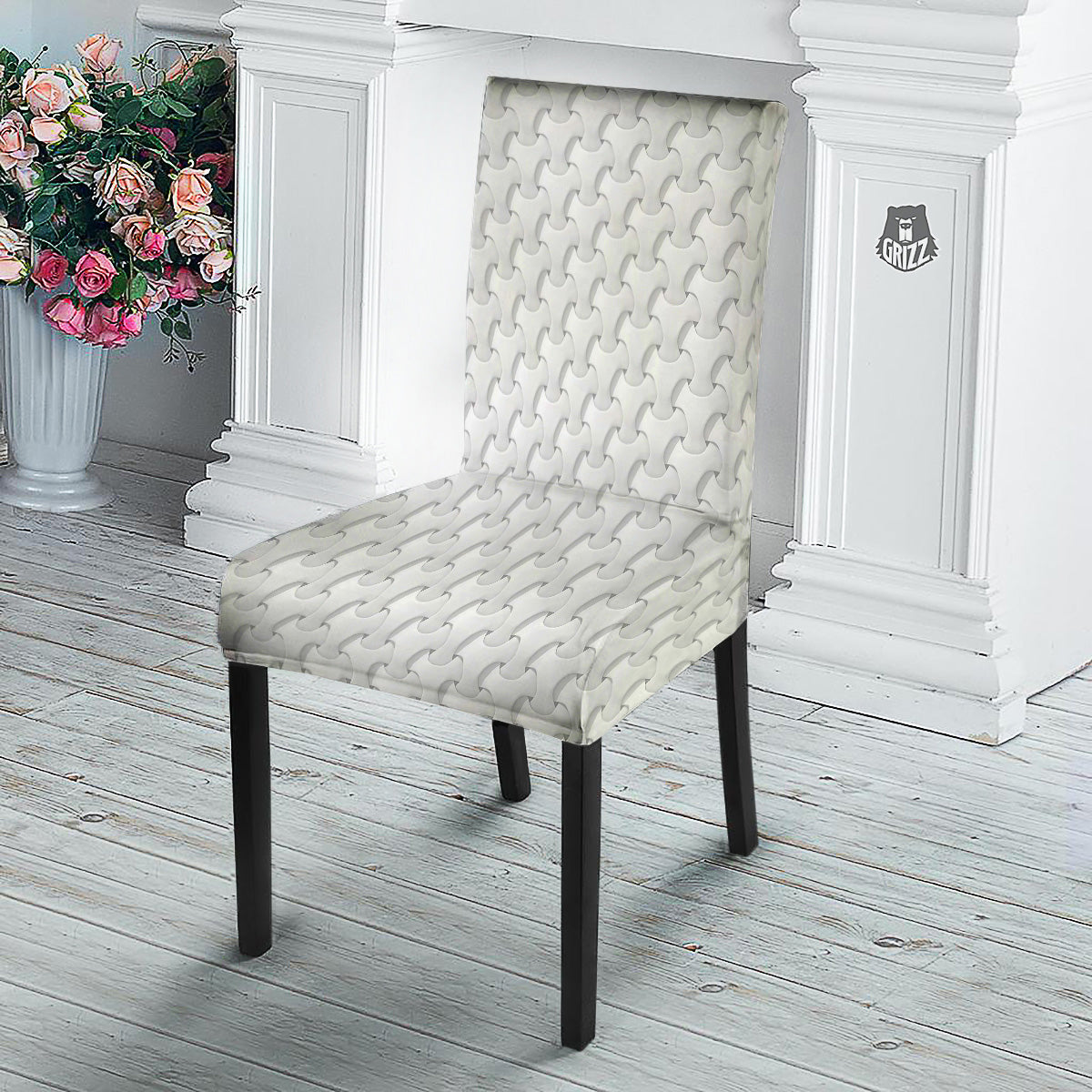 White Abstract 3D Geometric Print Pattern Dining Chair Slipcover-grizzshop