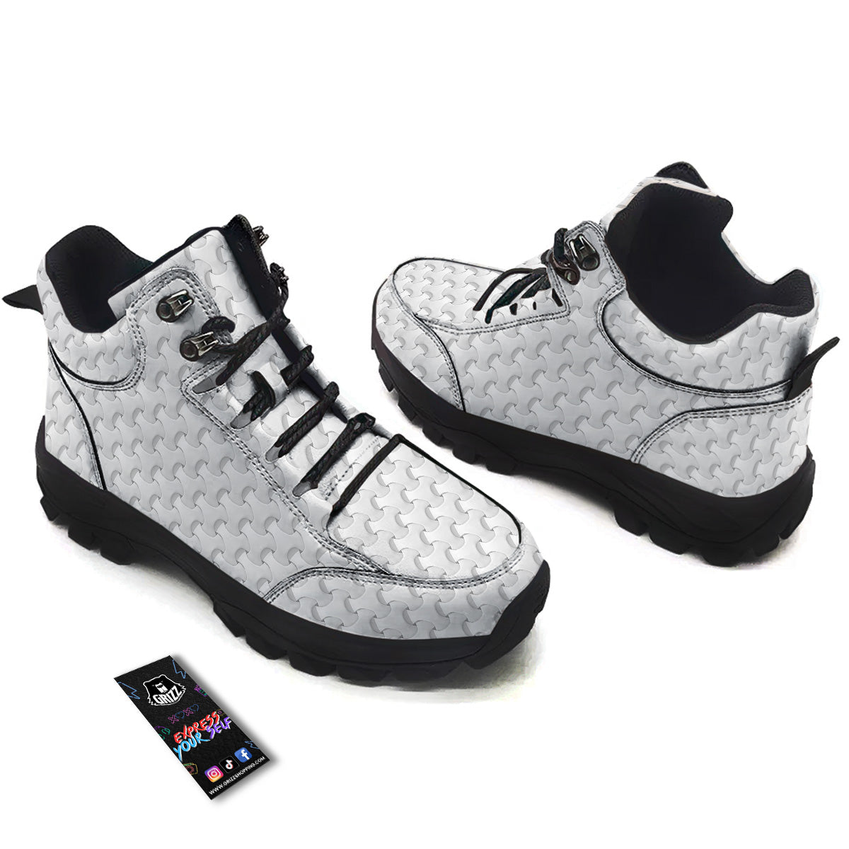 White Abstract 3D Geometric Print Pattern Hiking Shoes-grizzshop