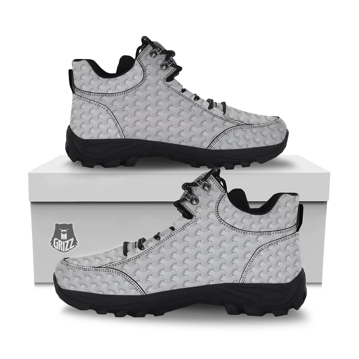 White Abstract 3D Geometric Print Pattern Hiking Shoes-grizzshop