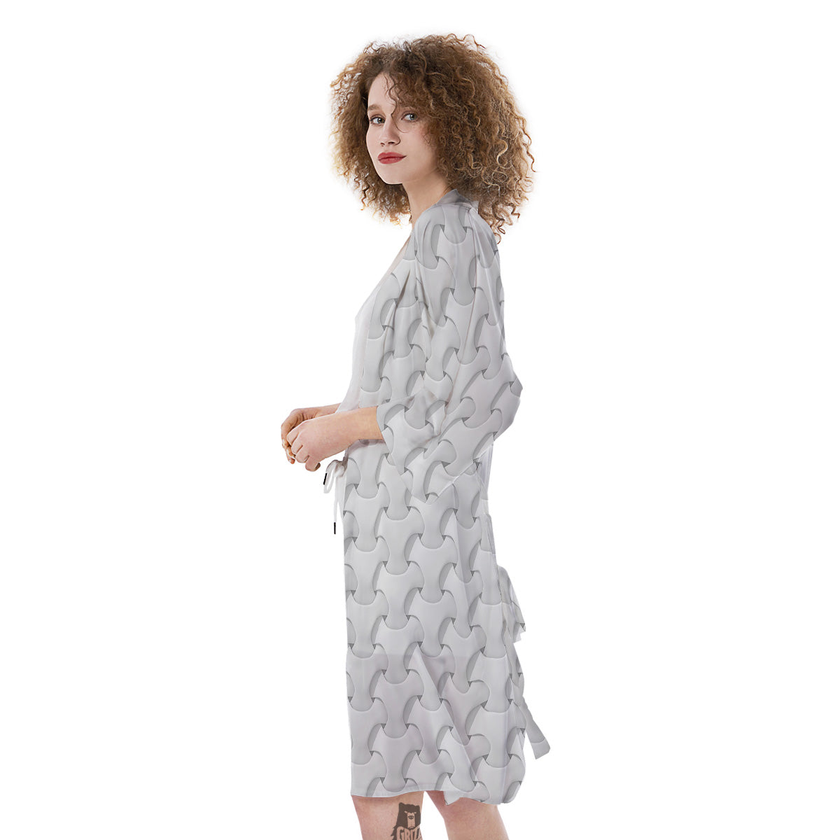 White Abstract 3D Geometric Print Pattern Kimono-grizzshop