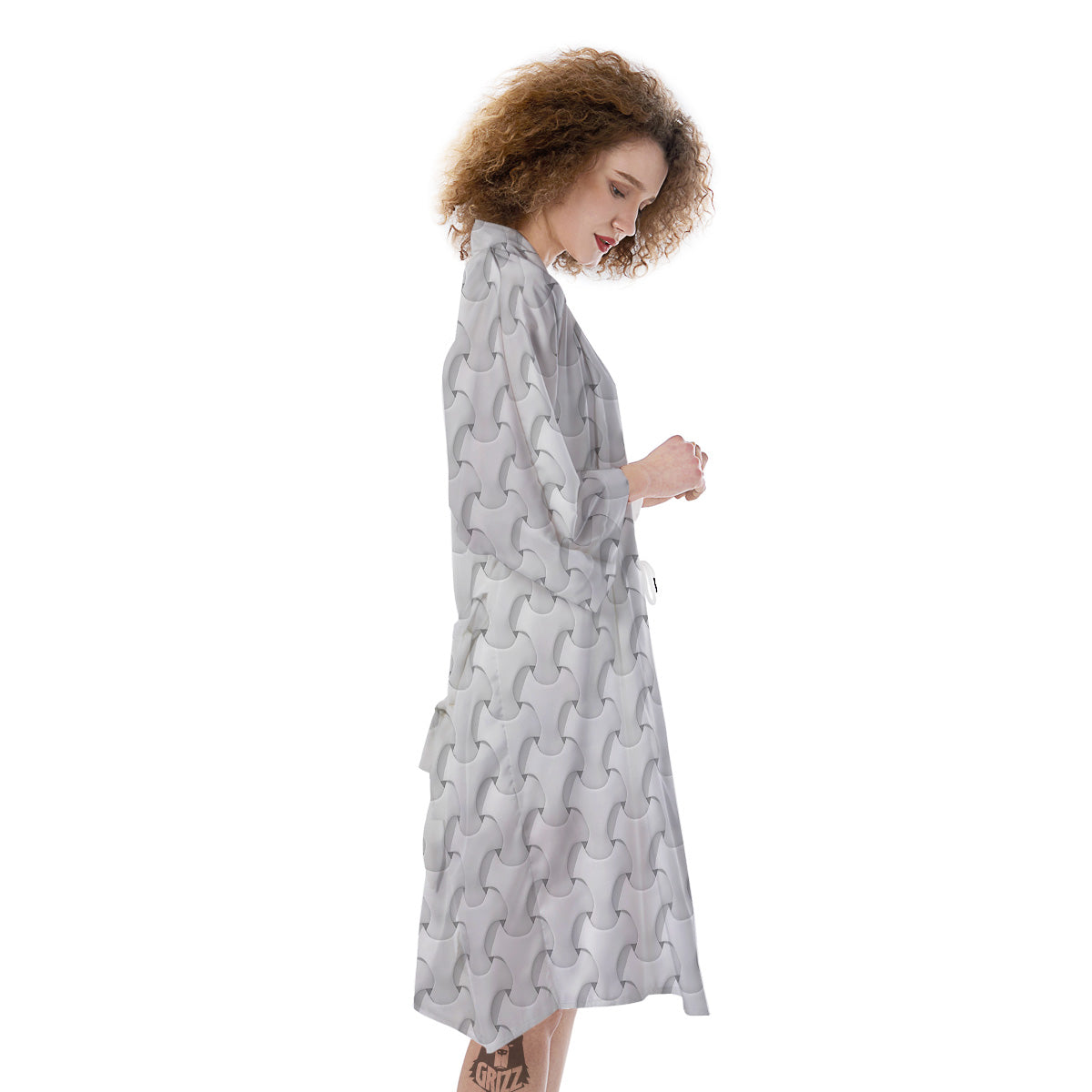 White Abstract 3D Geometric Print Pattern Kimono-grizzshop