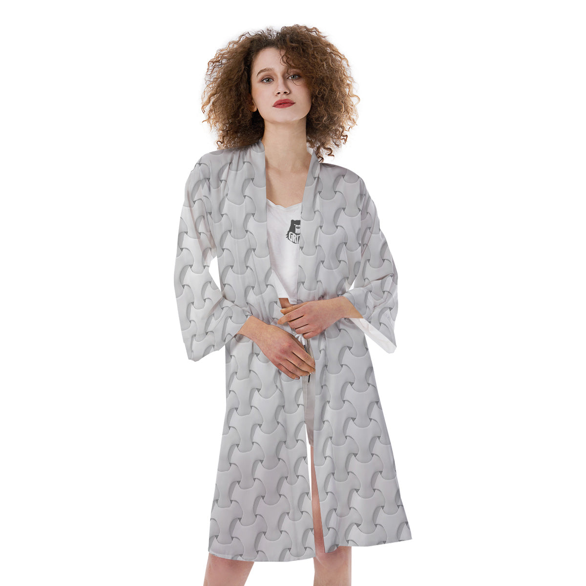 White Abstract 3D Geometric Print Pattern Kimono-grizzshop
