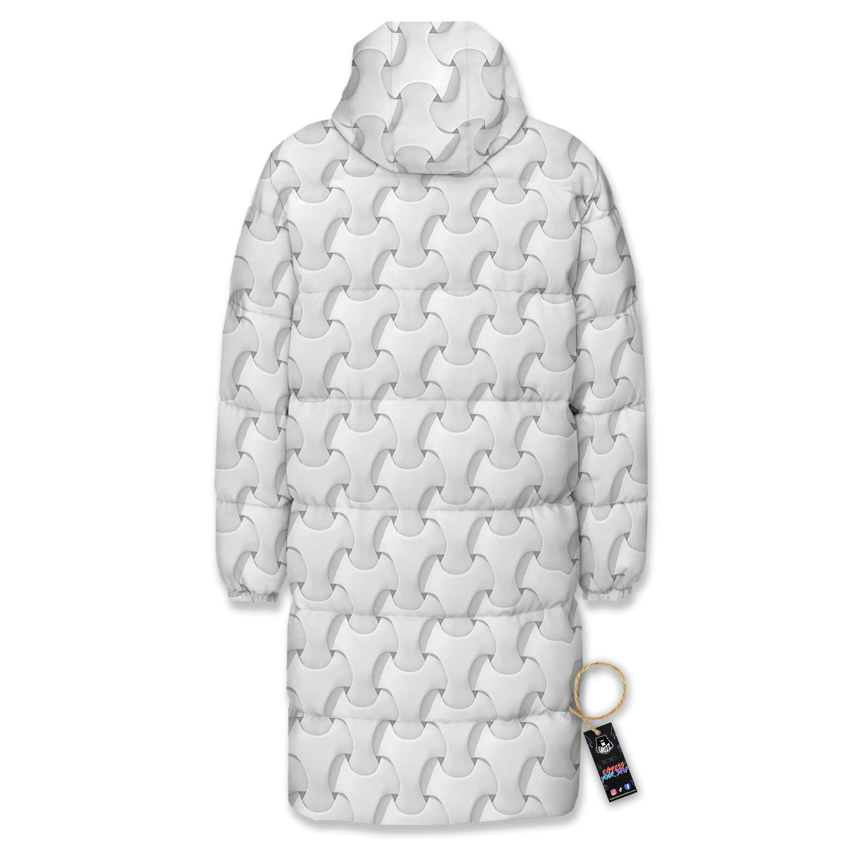 White Abstract 3D Geometric Print Pattern Long Down Jacket-grizzshop