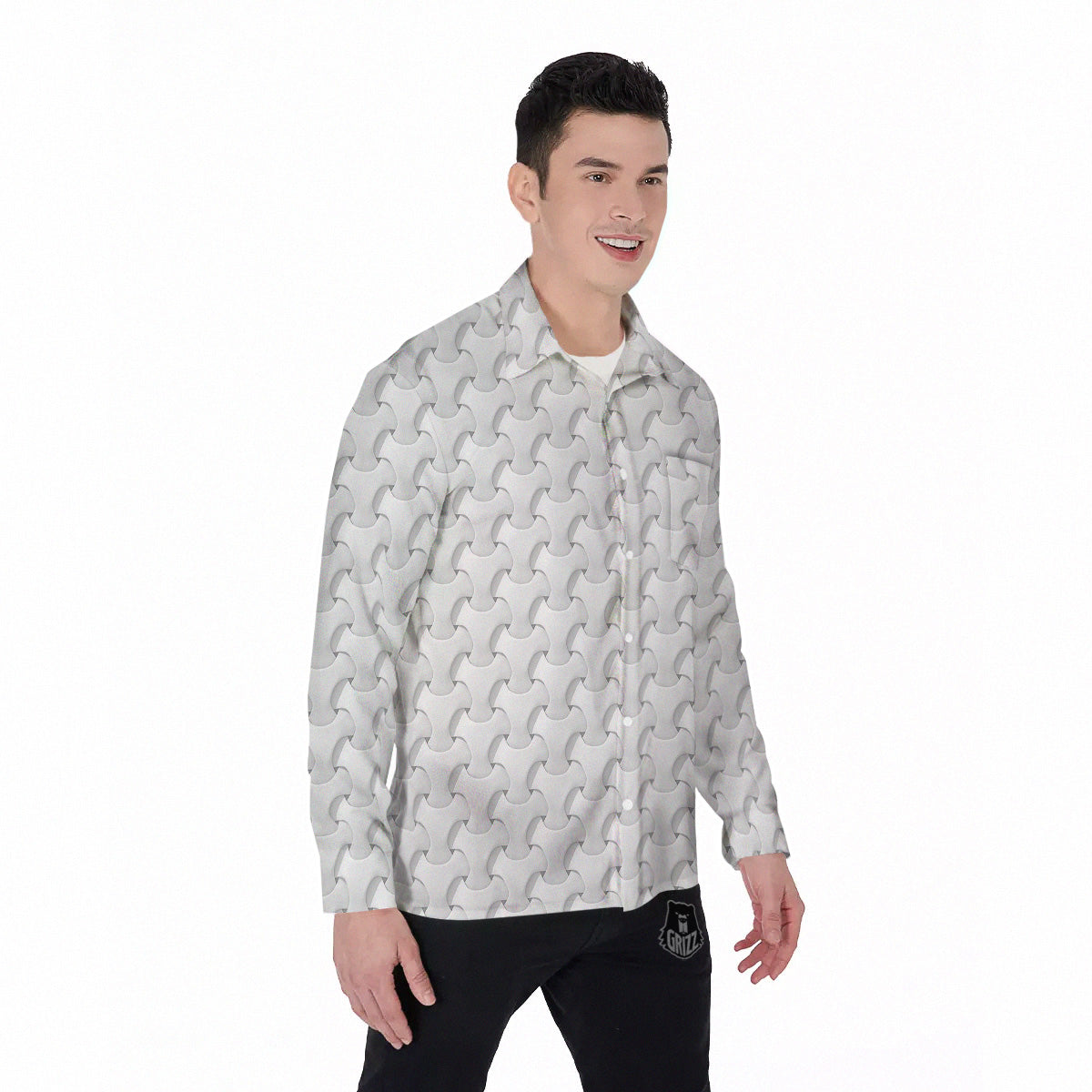 White Abstract 3D Geometric Print Pattern Men's Long Sleeve Shirts-grizzshop