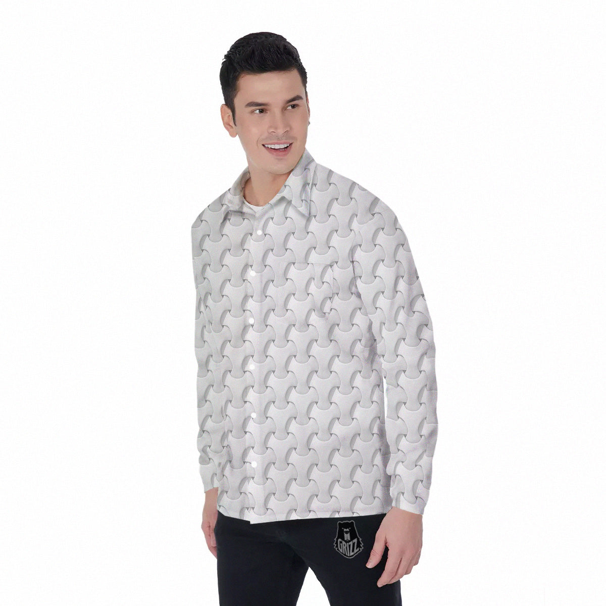 White Abstract 3D Geometric Print Pattern Men's Long Sleeve Shirts-grizzshop