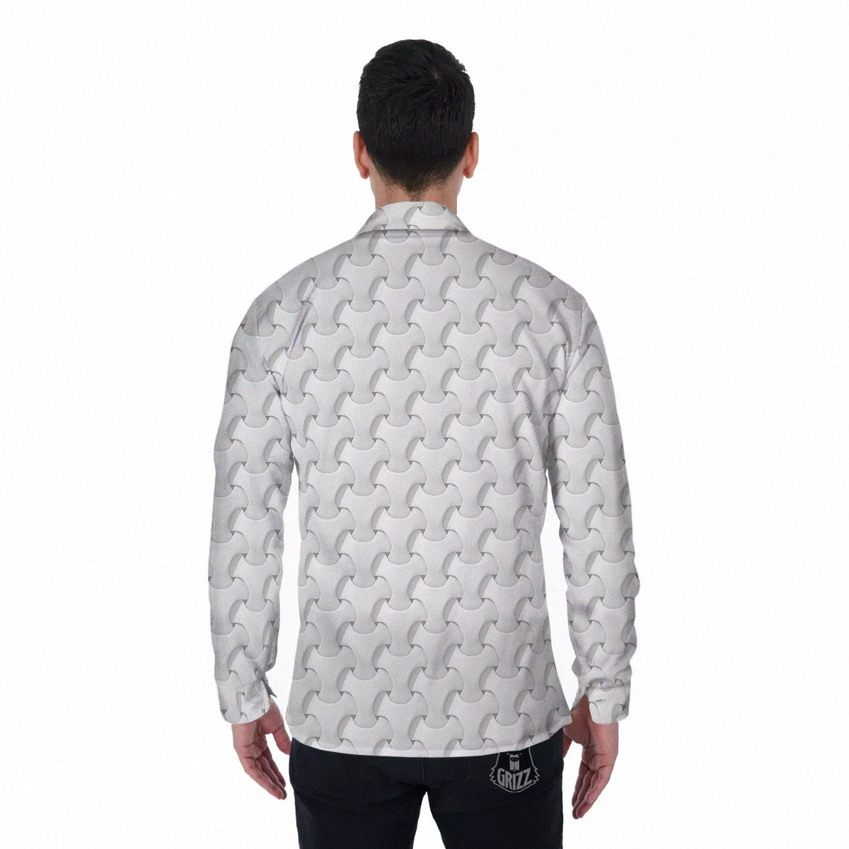 White Abstract 3D Geometric Print Pattern Men's Long Sleeve Shirts-grizzshop