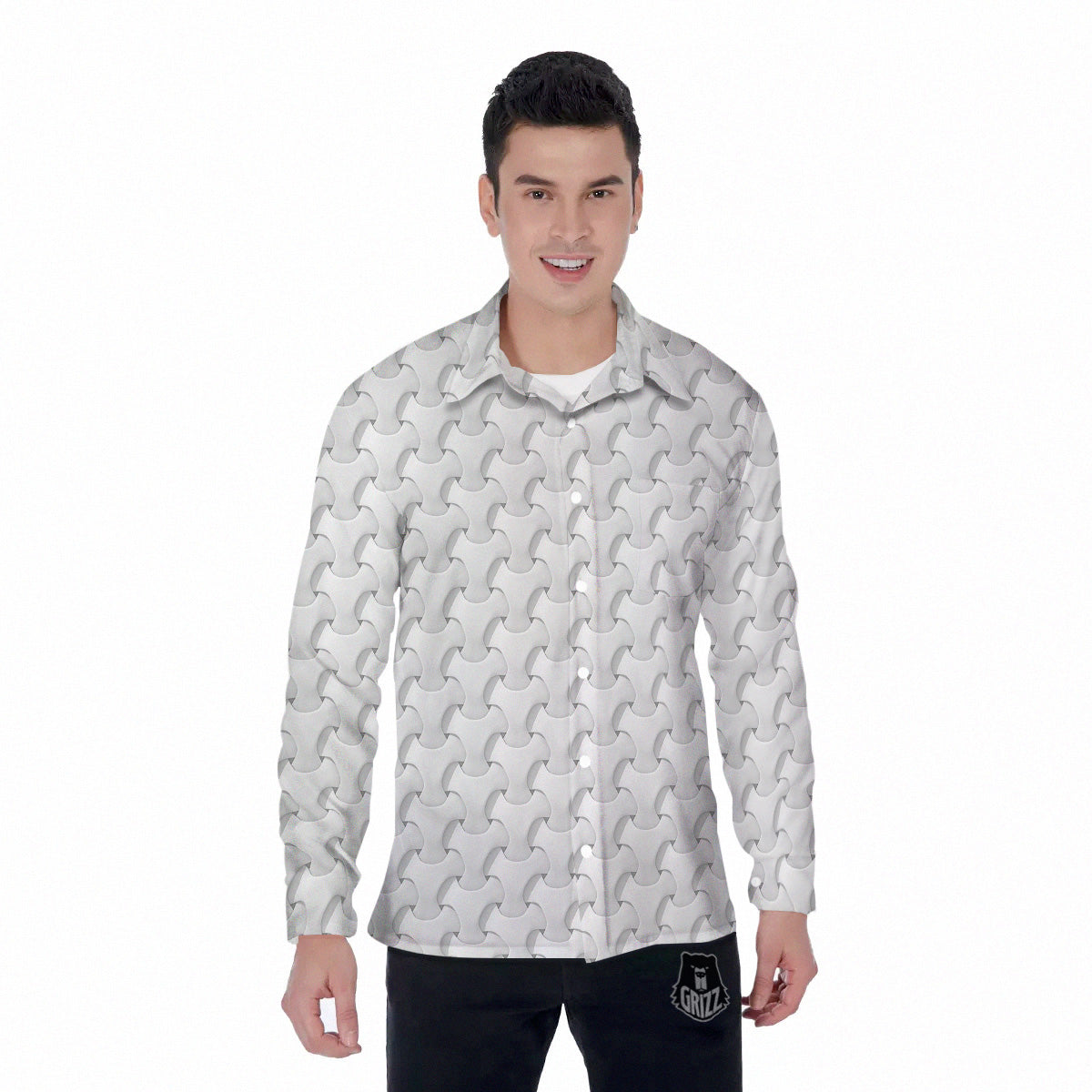 White Abstract 3D Geometric Print Pattern Men's Long Sleeve Shirts-grizzshop
