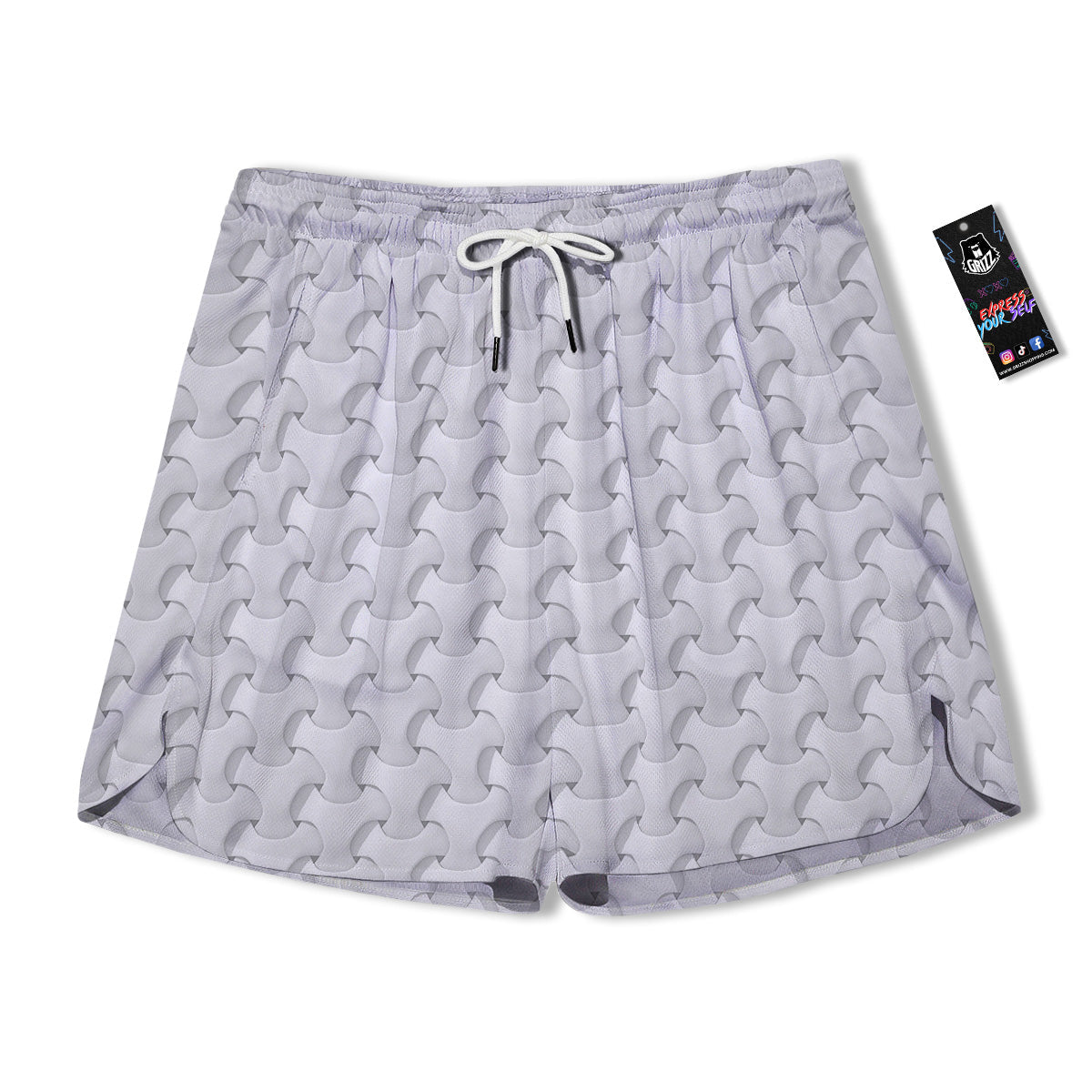 White Abstract 3D Geometric Print Pattern Men's Running Shorts-grizzshop