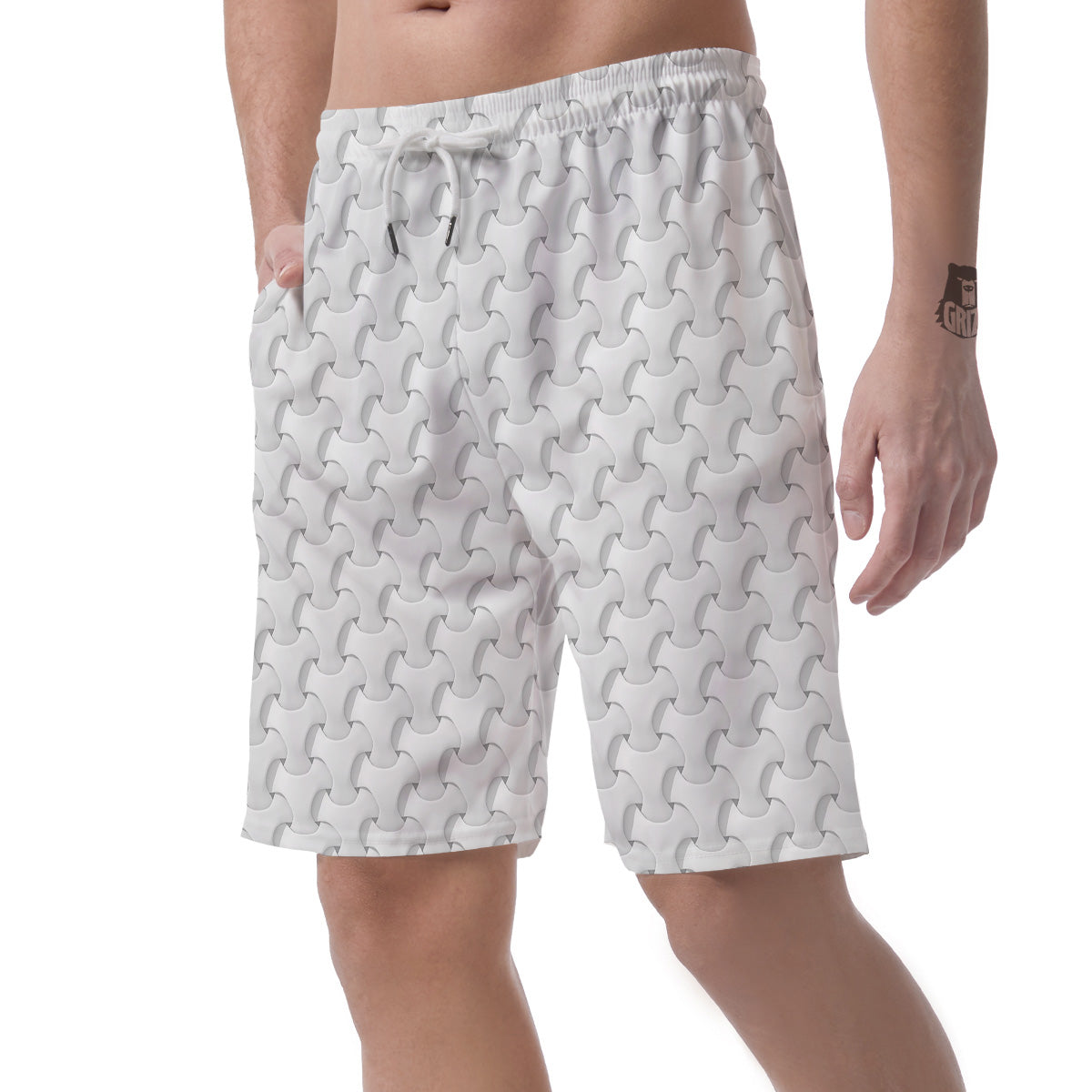 White Abstract 3D Geometric Print Pattern Men's Shorts-grizzshop