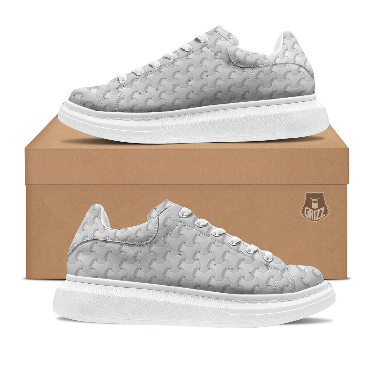 White Abstract 3D Geometric Print Pattern Platform Shoes-grizzshop