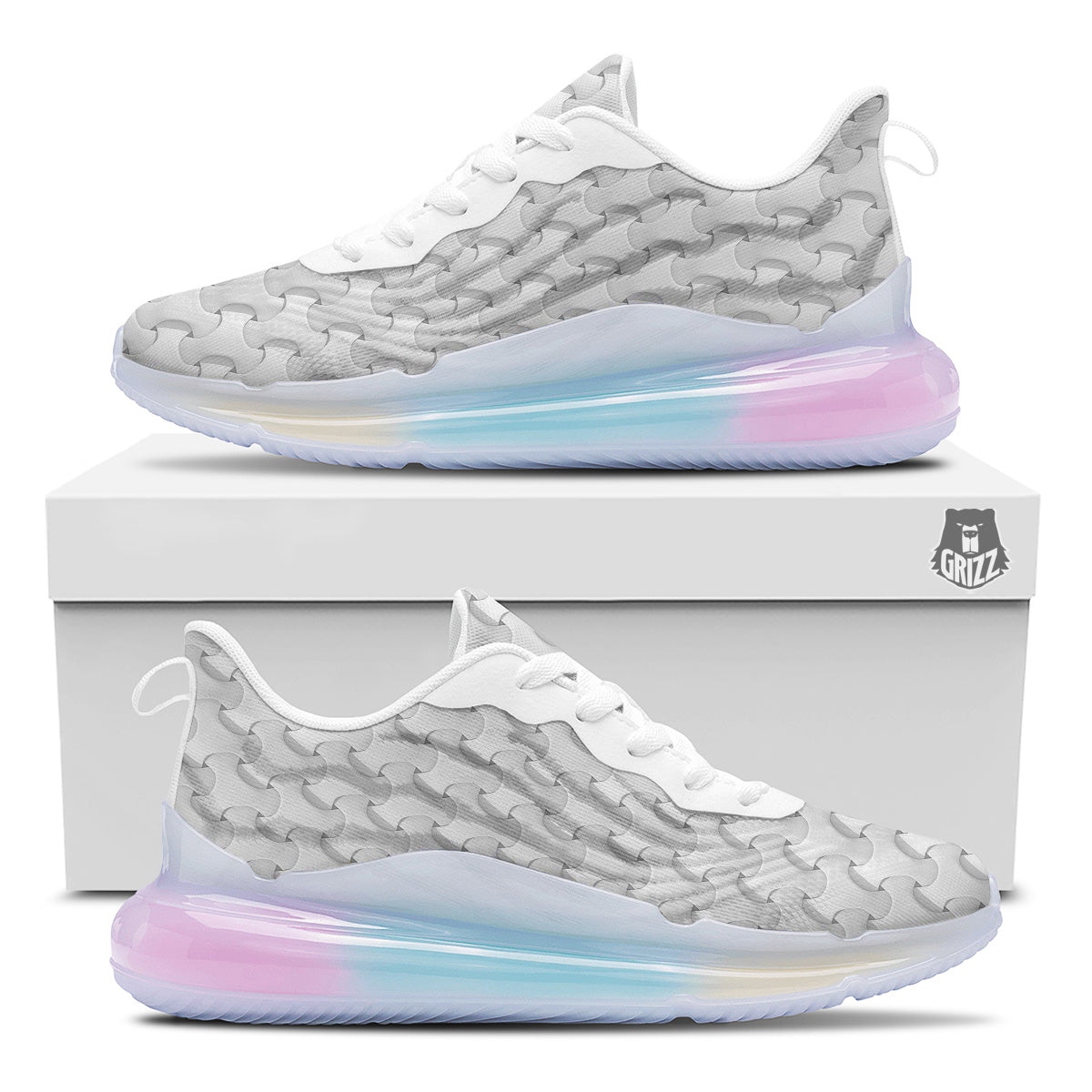White Abstract 3D Geometric Print Pattern Running Sneakers-grizzshop