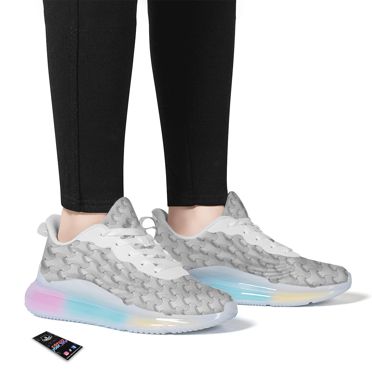 White Abstract 3D Geometric Print Pattern Running Sneakers-grizzshop