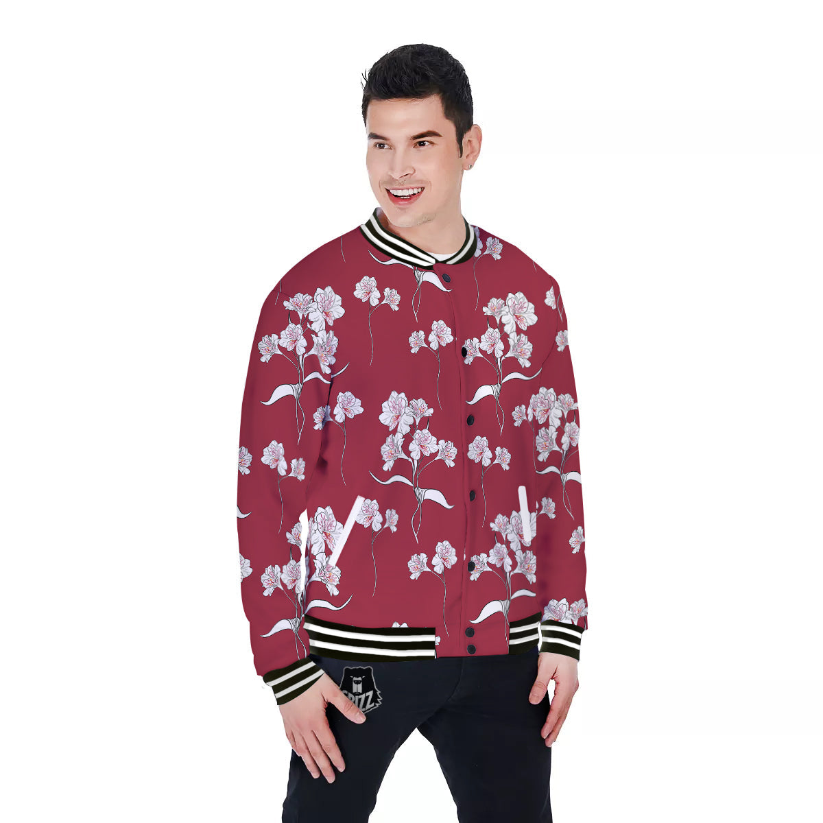 White Alstroemeria Red Print Pattern Baseball Jacket-grizzshop